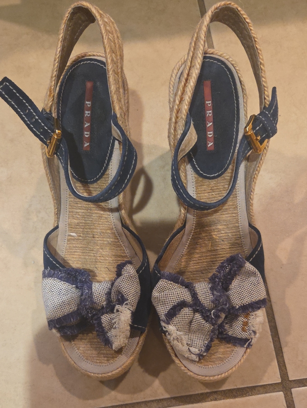 Prada Navy Blue Espadrille Slingback Wedge Sandals